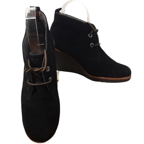 Sperry Top Sider Harlow Black Suede Lace Up Wedge Booties - Sz 7 - Picture 1 of 14